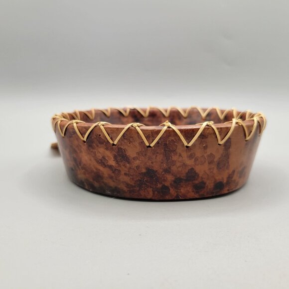 Balinesian Handcrafted Terra Cotta Decorative Bowl Rattan Rim Floral Etched - Picture 3 of 7